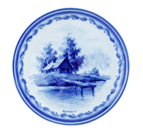 Голубая роспись на тарелках пейзажи