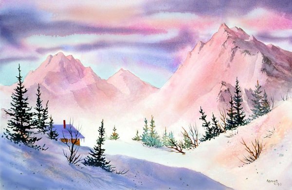 Пейзаж акварелью февраль