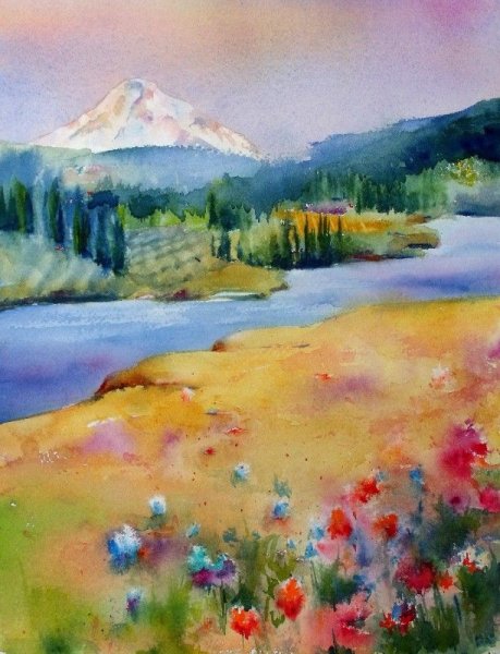 Пейзаж акварельными карандашами