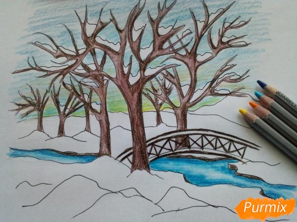 Рисование маркерами зимнего леса