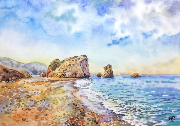 Акварель пляж галька