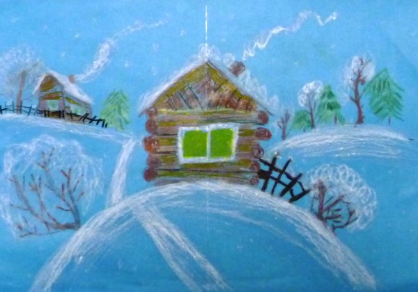 Зимний пейзаж восковыми мелками