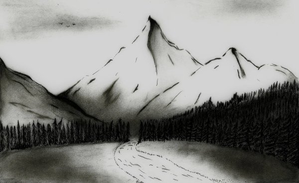 Горный пейзаж карандашом