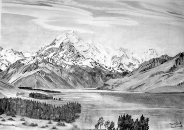 Горный пейзаж карандашом