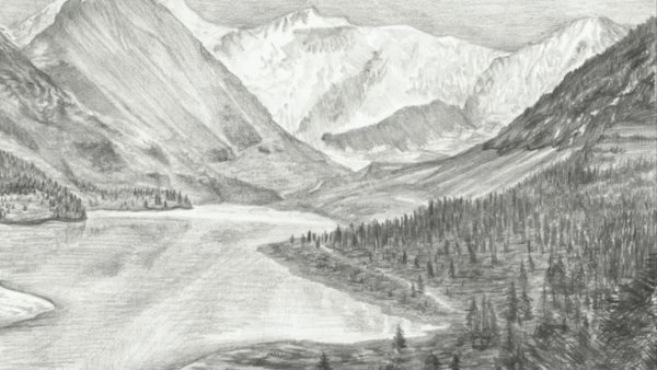 Горный пейзаж карандашом
