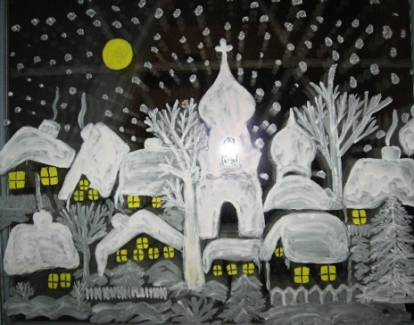 Зимний пейзаж белой гуашью