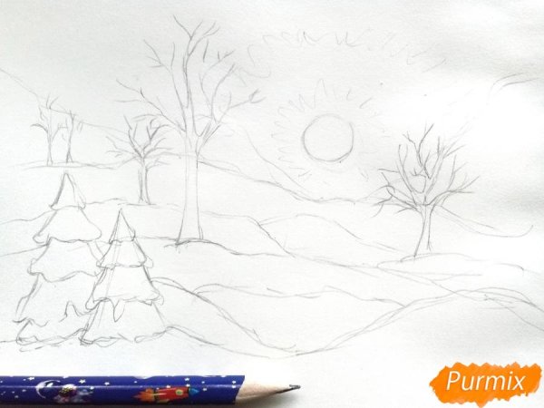 Новогодний пейзаж карандашом