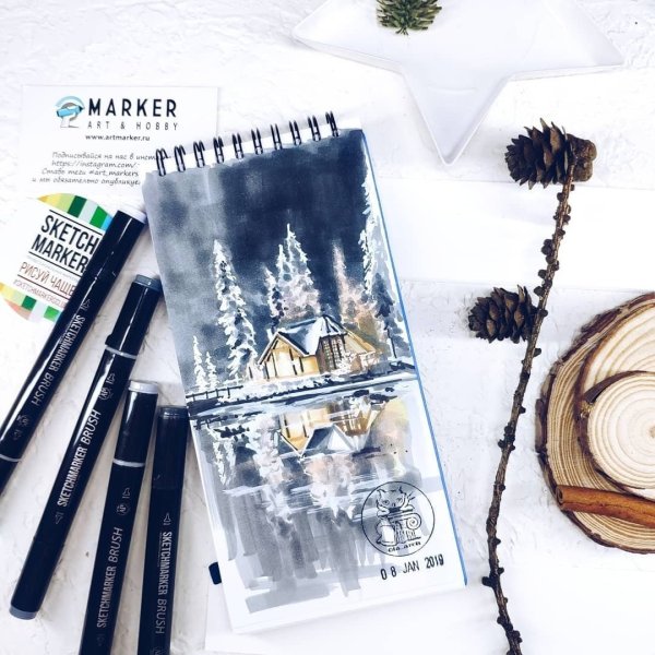 Зимний пейзаж скетч маркерами