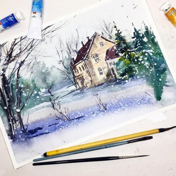Зимние скетчи акварелью