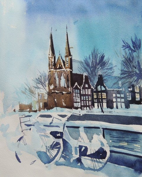 Скетч зимний Амстердам акварель