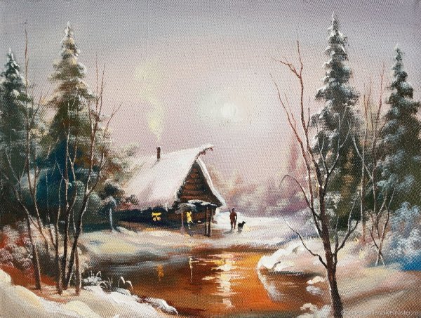 Зимний пейзаж с избушкой