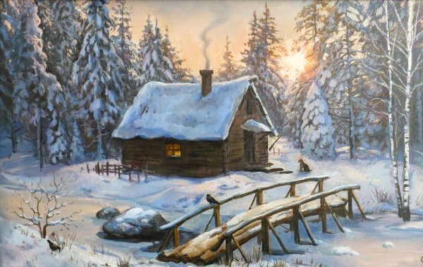 Зимний пейзаж с избой