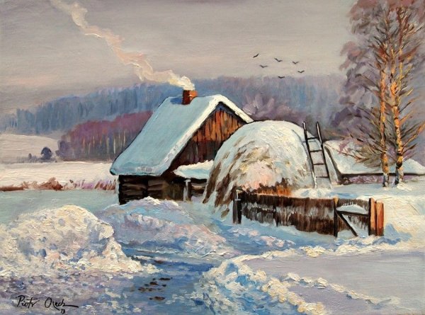 Пейзаж с баней зима