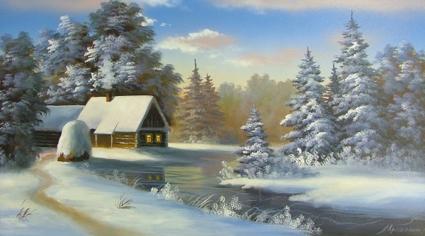 Зимний домик у реки