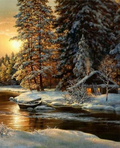 Зимний пейзаж с избушкой