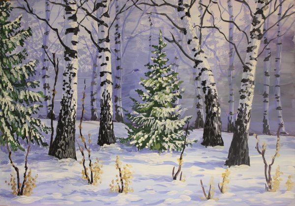 Зимний пейзаж гуашью поэтапно