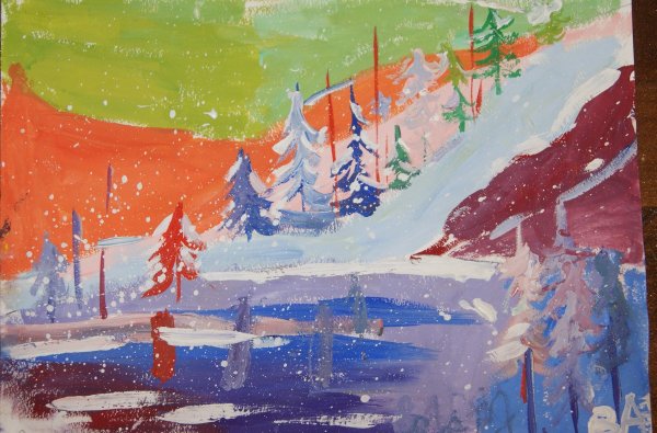 Зимний пейзаж гуашью для детей