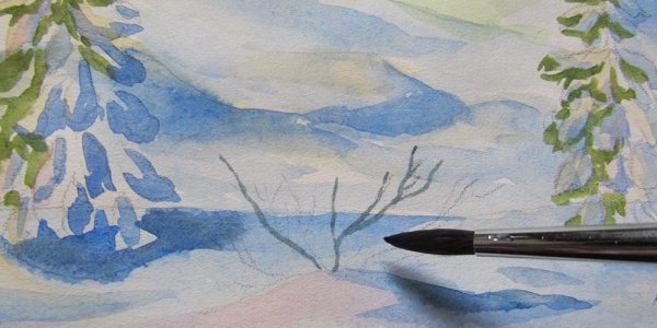 Зимний пейзаж акварельными карандашами