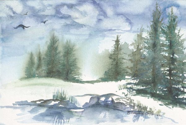 Легкий зимний пейзаж акварелью