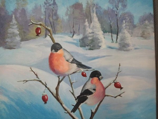 Зимний пейзаж со снегирями гуашью