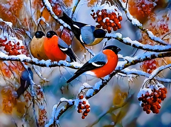 Снегири в деревне зимой