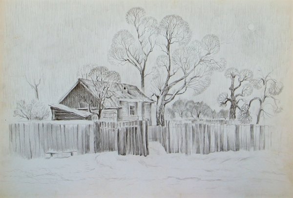 Зимний лес карандашом