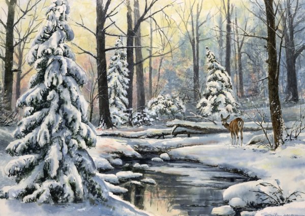 Картина зимний ручей