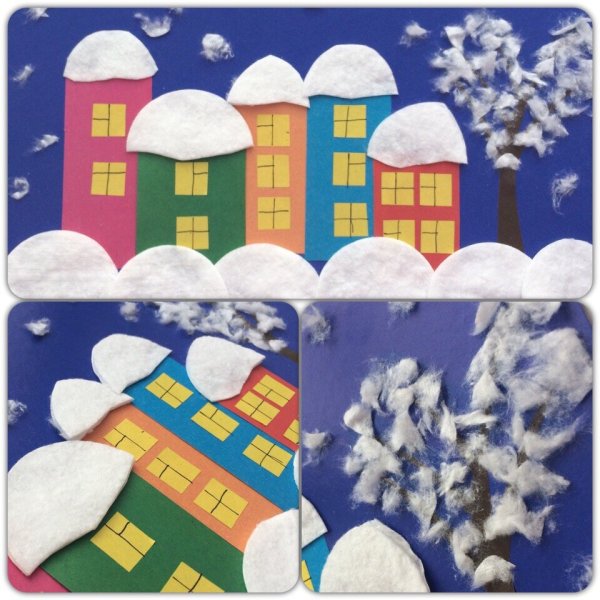 Аппликация из ватных дисков на тему зима