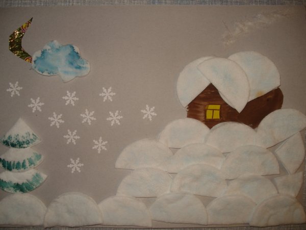 Зимняя аппликация из ватных дисков