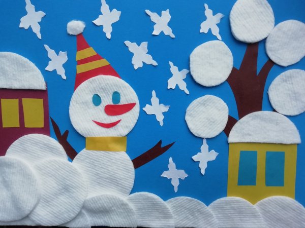 Аппликация из ватных дисков зима