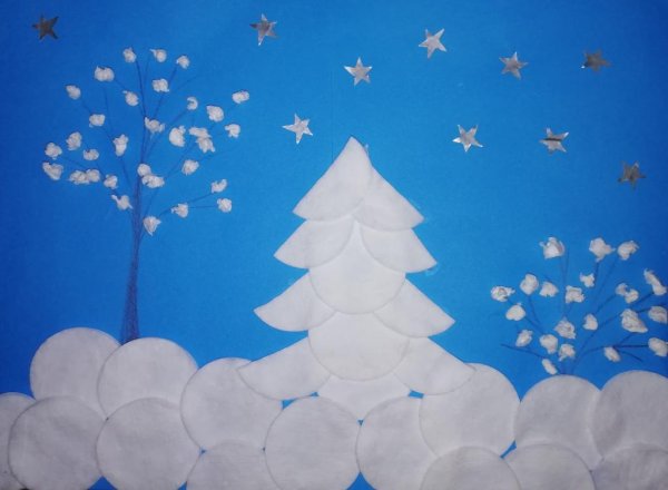 Аппликация из ватных дисков зима