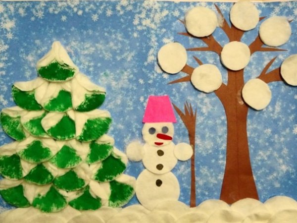 Зима из ватных дисков