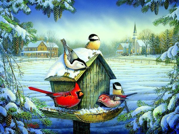 Птицы в зимнем лесу