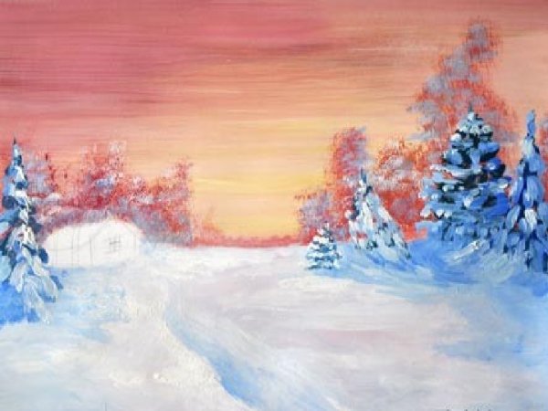 Зимний пейзаж рисунок гуашью