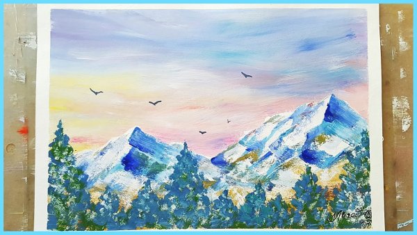 Зимний пейзаж цветными карандашами