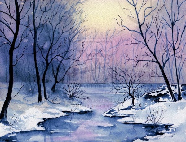 Зимний пейзаж гуашью