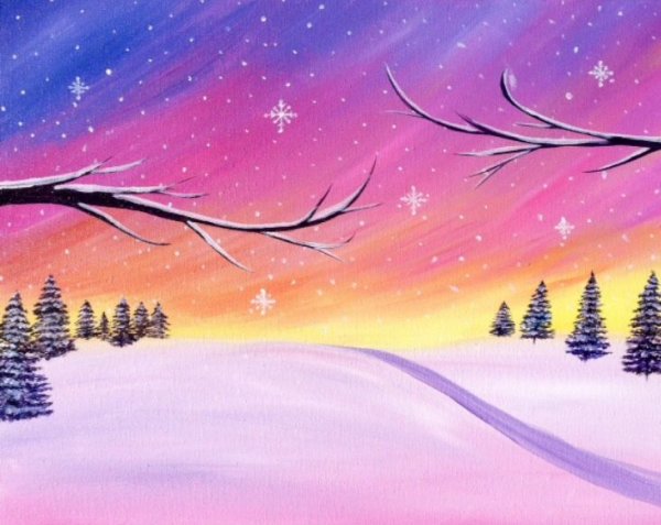 Ночной зимний пейзаж акварелью