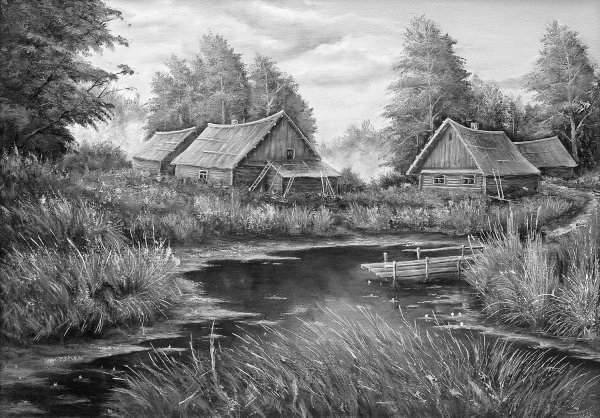 Деревенский пейзаж гризайль