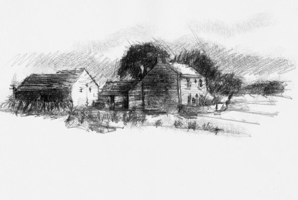 Деревенский пейзаж гелевой ручкой