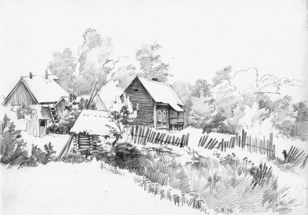 Сельский пейзаж карандашом