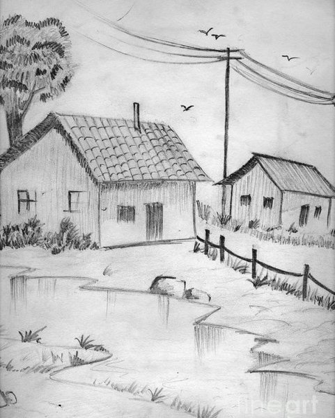 Деревенский пейзаж карандашом