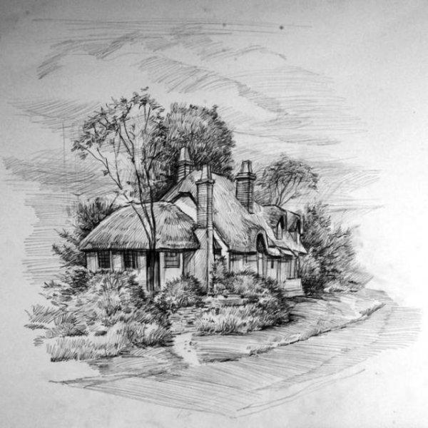 Деревенский пейзаж карандашом