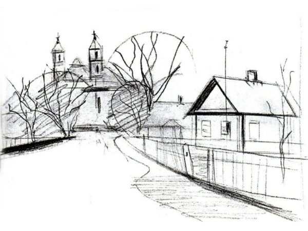 Сельский пейзаж карандашом