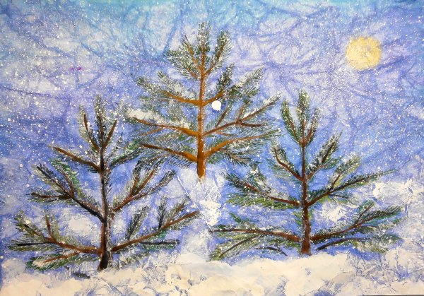 Рисование деревья в инее