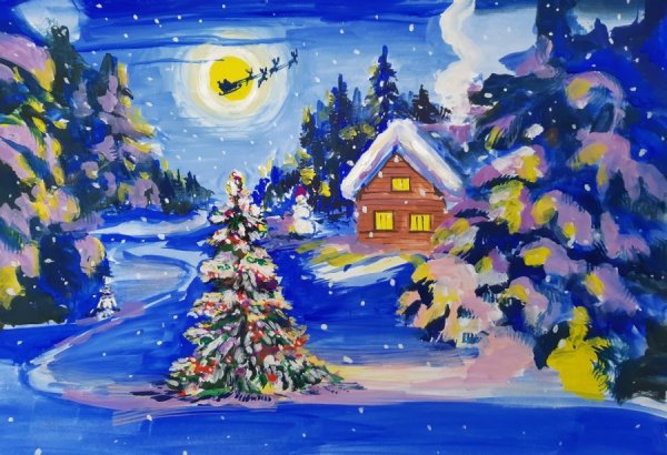 Рисунок зима красками