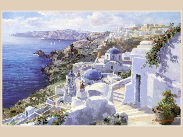 Греческий художник Пантелис Зографос картины море лодки Санторини