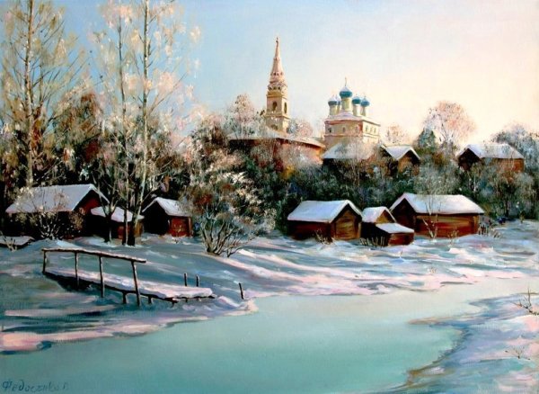 Картины художников 19 века деревня река храм зима