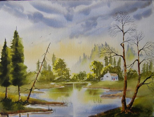 Гуашь пейзаж отражение