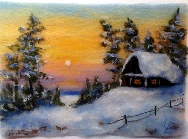Шерстяная живопись зимний пейзаж