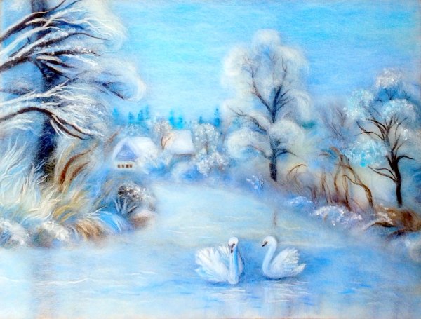 Живопись шерстью зимний пейзаж